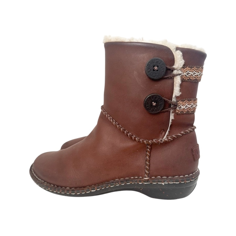 UGG Brown Lillie Leather Side Button Winter Ankle Moto Boots — Size 8 - Picture 5 of 10